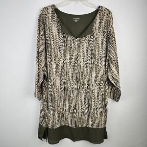 Catherines Tunic Blouse Olive Green Print Chiffon Hem Accents Sz 5X 34/36W